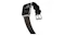 Angled view of a silver smartwatch with flexible strap curving backward, showing topographic display and silver buckle Angled view of a silver smartwatch with flexible strap curving backward, showing topographic display and silver buckle