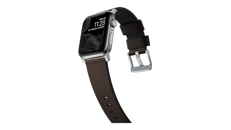 Angled view of a silver smartwatch with flexible strap curving backward, showing topographic display and silver buckle Angled view of a silver smartwatch with flexible strap curving backward, showing topographic display and silver buckle