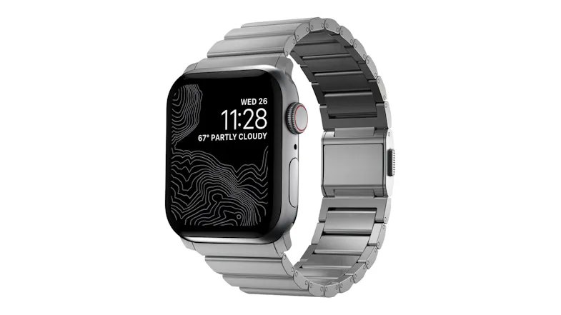 Front view of Nomad Titanium Watch Band for Apple Watch with silver metal link band displaying time and weather Front view of Nomad Titanium Watch Band for Apple Watch with silver metal link band displaying time and weather