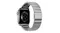 Rear view of a titanium Apple Watch with a silver metal link band, showing the heart rate sensor and clasp Rear view of a titanium Apple Watch with a silver metal link band, showing the heart rate sensor and clasp