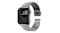 Titanium Apple Watch with a silver metal link band, shown with a partially open magnetic clasp Titanium Apple Watch with a silver metal link band, shown with a partially open magnetic clasp
