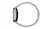 Side profile of a titanium Apple Watch with a silver metal link band and adjustable clasp Side profile of a titanium Apple Watch with a silver metal link band and adjustable clasp