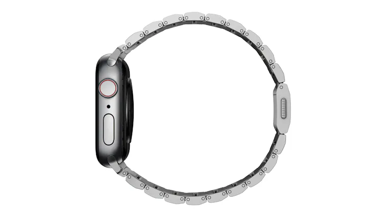 Side profile of a titanium Apple Watch with a silver metal link band and adjustable clasp Side profile of a titanium Apple Watch with a silver metal link band and adjustable clasp