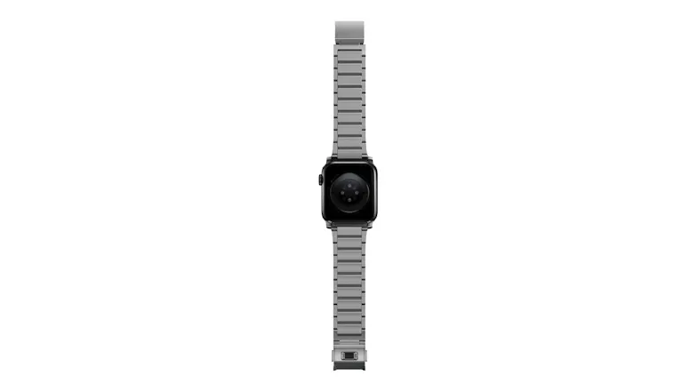 Rear view of a titanium Apple Watch with a silver metal link band, showing the heart rate sensor and clasp Rear view of a titanium Apple Watch with a silver metal link band, showing the heart rate sensor and clasp