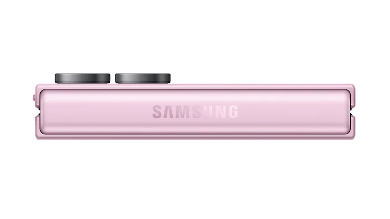 Top edge view of the folded smartphone with Samsung logo Top edge view of the folded smartphone with Samsung logo
