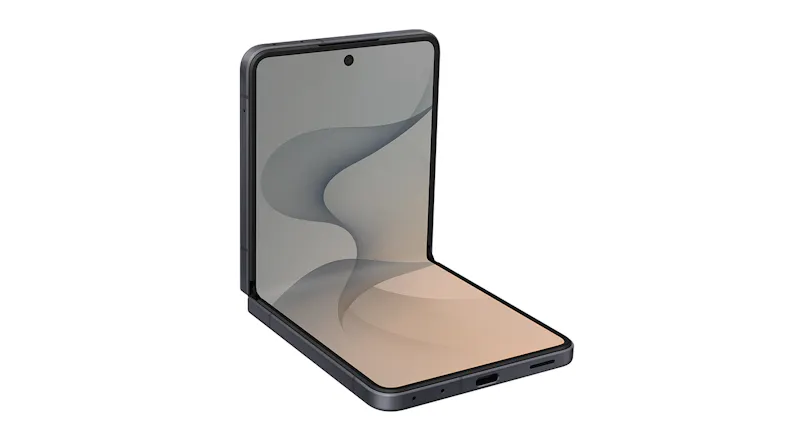 Perspective view of the phone bent at a 90-degree angle Perspective view of the phone bent at a 90-degree angle