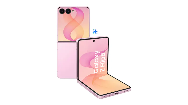 Side-by-side views of the Galaxy Z Flip8 in folded and unfolded positions Side-by-side views of the Galaxy Z Flip8 in folded and unfolded positions