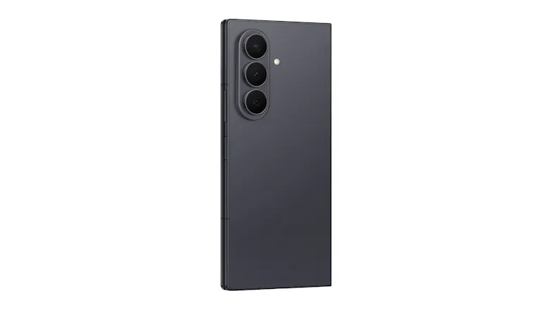 Rear view of the folded Samsung phone with triple cameras and LED flash Rear view of the folded Samsung phone with triple cameras and LED flash