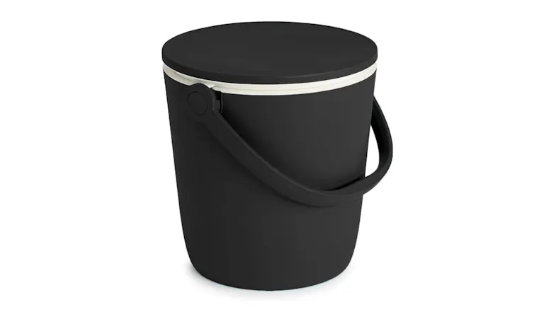 Black portable Keter cooler with a closed lid and carry handle Black portable Keter cooler with a closed lid and carry handle