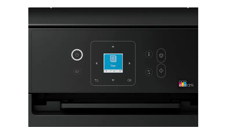 Close-up of an Epson EcoTank printer control panel with a colour display and touch-sensitive buttons Close-up of an Epson EcoTank printer control panel with a colour display and touch-sensitive buttons
