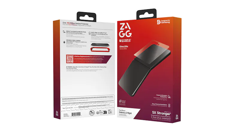 Front and back view of product box showing ZAGG logo and feature text Front and back view of product box showing ZAGG logo and feature text