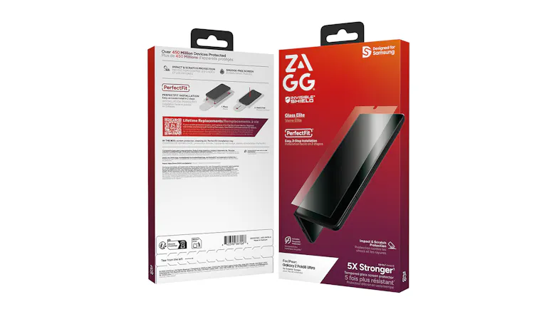 Front and back view of product box showing ZAGG logo and feature text Front and back view of product box showing ZAGG logo and feature text