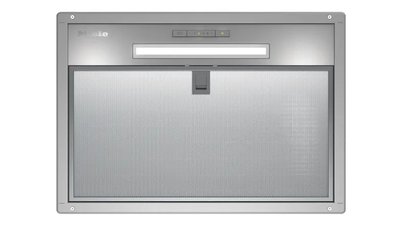 Front view of a Miele built-in extractor hood featuring a stainless steel finish and a mesh filter Front view of a Miele built-in extractor hood featuring a stainless steel finish and a mesh filter