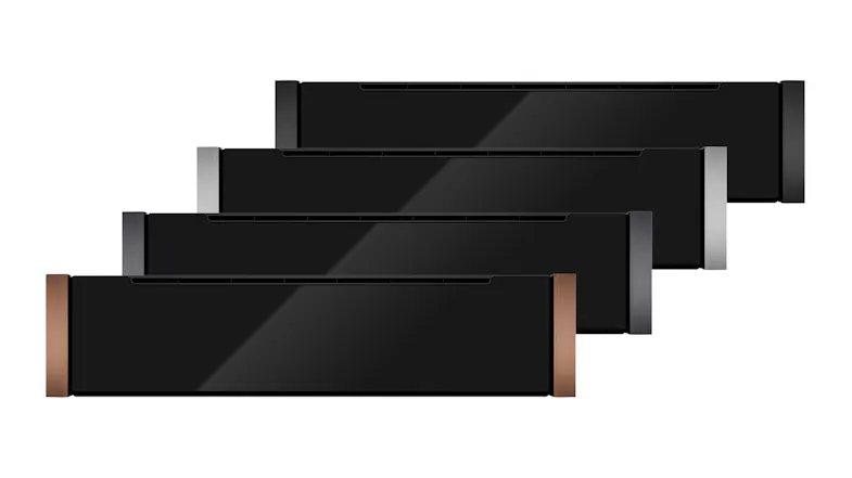 Four Neff N 90 Series 14cm Built-In Steam Drawers displayed in staggered rows with different metallic trim finishes Four Neff N 90 Series 14cm Built-In Steam Drawers displayed in staggered rows with different metallic trim finishes