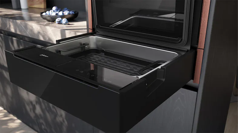 Open black Neff N 90 Series 14cm Built-In Steam Drawer with a removable tray and touch controls Open black Neff N 90 Series 14cm Built-In Steam Drawer with a removable tray and touch controls