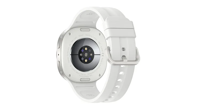 Rear view of the cream Galaxy Watch9, showing its silicone band with secure closure Rear view of the cream Galaxy Watch9, showing its silicone band with secure closure