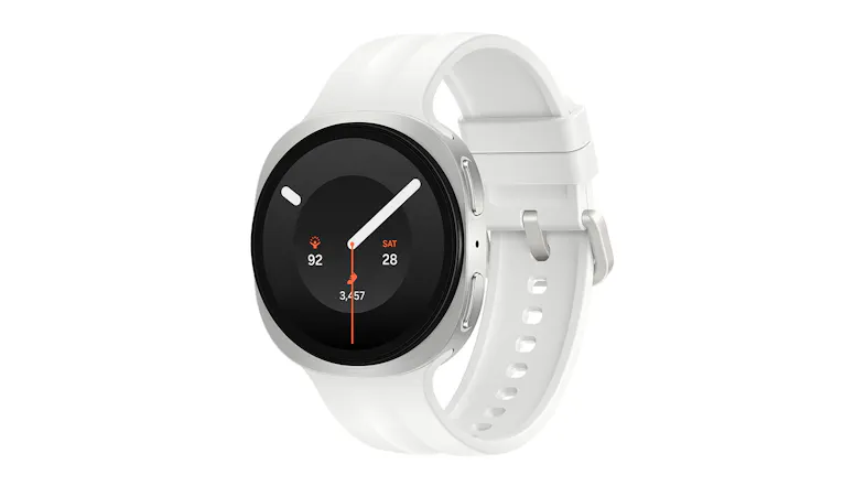 Angled view of the Samsung Smartwatch, showcasing its minimalist digital watch face Angled view of the Samsung Smartwatch, showcasing its minimalist digital watch face
