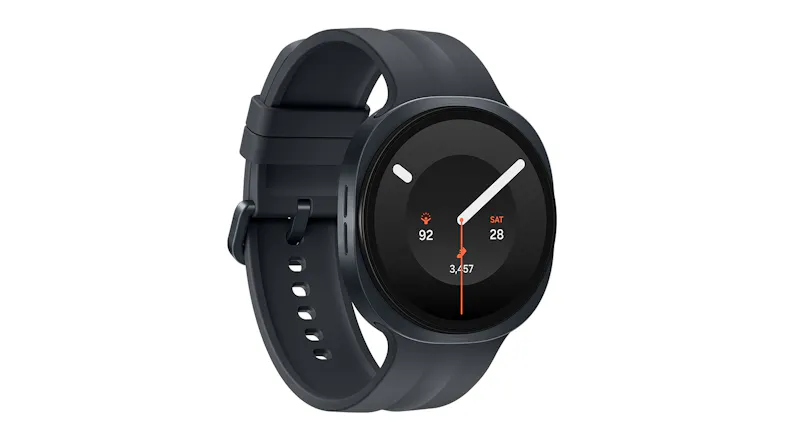 Samsung Galaxy Watch9 shown from an angled view, featuring a graphite case and minimalist silicon band Samsung Galaxy Watch9 shown from an angled view, featuring a graphite case and minimalist silicon band