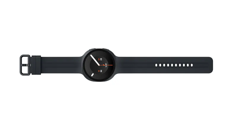 Top view of Samsung Galaxy Watch9, showing its sleek, graphite case and silicon band Top view of Samsung Galaxy Watch9, showing its sleek, graphite case and silicon band
