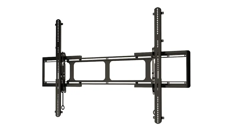 Angled view of a Sanus TV wall mount with vertical brackets and a wide mounting frame Angled view of a Sanus TV wall mount with vertical brackets and a wide mounting frame