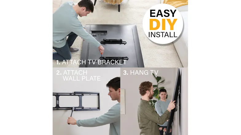 Three-step TV wall mount installation guide showing bracket attachment, wall plate mounting, and TV hanging Three-step TV wall mount installation guide showing bracket attachment, wall plate mounting, and TV hanging