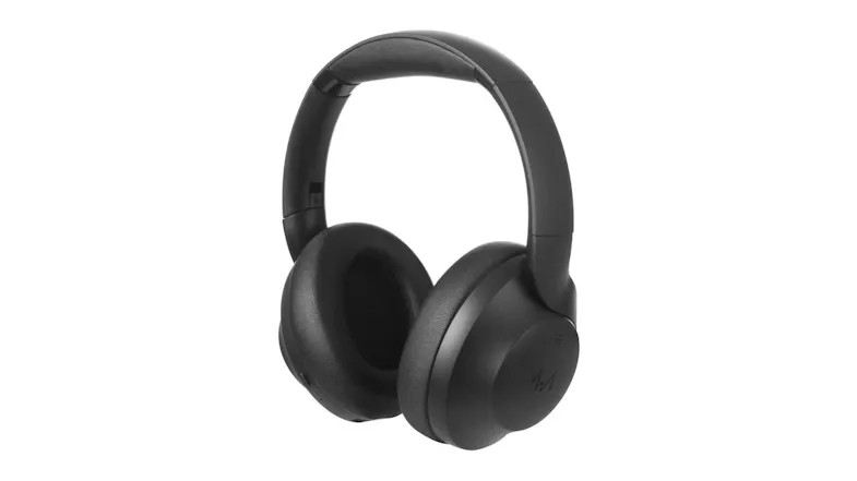 Angled front view of black over-ear active noise cancelling headphones, highlighting the curved headband Angled front view of black over-ear active noise cancelling headphones, highlighting the curved headband