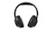 Symmetrical front view of black wireless headphones with large cushioned ear cups Symmetrical front view of black wireless headphones with large cushioned ear cups
