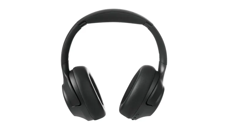 Symmetrical front view of black wireless headphones with large cushioned ear cups Symmetrical front view of black wireless headphones with large cushioned ear cups