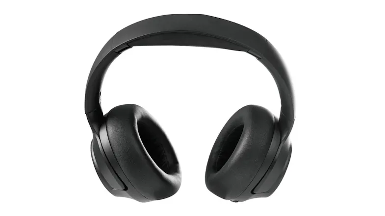 Front-facing view of black active noise cancelling headphones with deep over-ear cushions Front-facing view of black active noise cancelling headphones with deep over-ear cushions