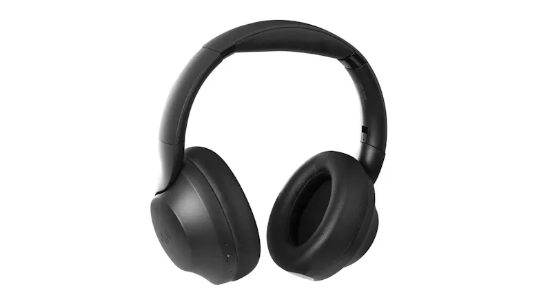 Slightly angled front view of black over-ear headphones, emphasising the plush ear pads Slightly angled front view of black over-ear headphones, emphasising the plush ear pads