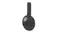 Side profile of the left ear cup and headband of the black headphones, showing the rounded exterior design Side profile of the left ear cup and headband of the black headphones, showing the rounded exterior design