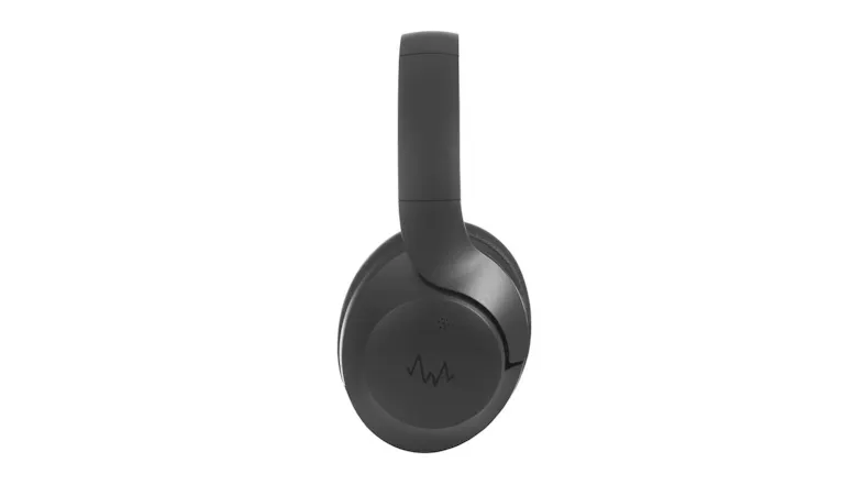 Side profile of the right ear cup and headband of the black headphones, highlighting the smooth finish Side profile of the right ear cup and headband of the black headphones, highlighting the smooth finish