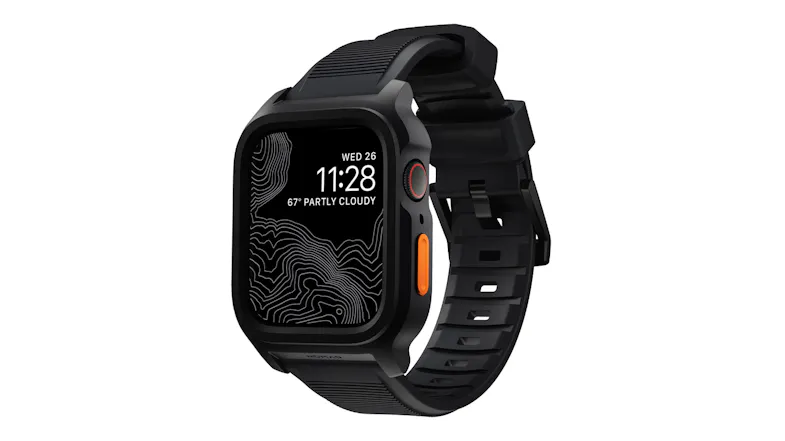 Apple Watch with textured black rubber strap, topographic map display screen, metal lugs, and classic buckle clasp Apple Watch with textured black rubber strap, topographic map display screen, metal lugs, and classic buckle clasp
