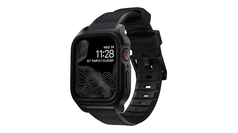 Rear view of silver Apple Watch showing ceramic back sensor array, black ribbed strap, and silver Nomad engraved buckle Rear view of silver Apple Watch showing ceramic back sensor array, black ribbed strap, and silver Nomad engraved buckle