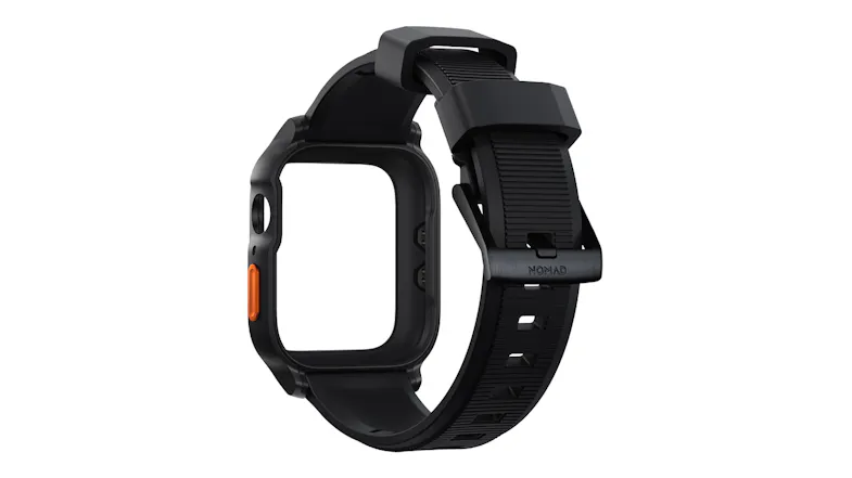Side profile of silver Apple Watch with red-accented Digital Crown, stainless steel case, and black ribbed watch strap Side profile of silver Apple Watch with red-accented Digital Crown, stainless steel case, and black ribbed watch strap