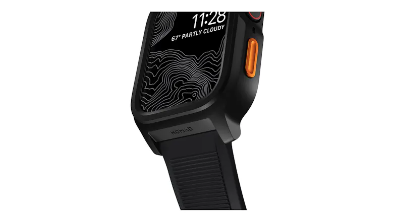 A detailed view of a silver Apple Watch case showing precision lug connection to a horizontally grooved strap A detailed view of a silver Apple Watch case showing precision lug connection to a horizontally grooved strap