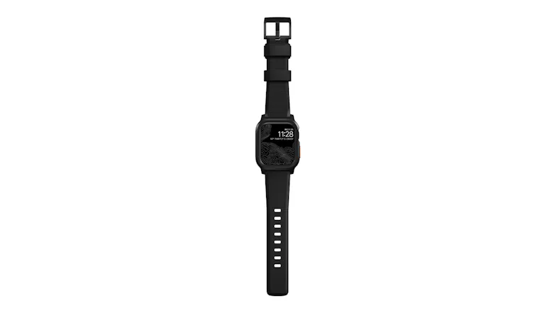 A front view of silver Apple Watch flat with black strap, topographic map face, top buckle, and adjustment holes A front view of silver Apple Watch flat with black strap, topographic map face, top buckle, and adjustment holes