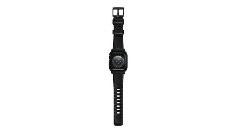 A vertical back view of silver Apple Watch laid flat, showing rear heart rate sensors and black textured rubber band A vertical back view of silver Apple Watch laid flat, showing rear heart rate sensors and black textured rubber band