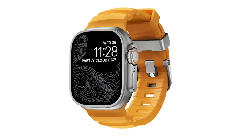 An Apple Watch Ultra with sol-coloured ribbed strap, topographic map screen display, orange accents, and metal hardware An Apple Watch Ultra with sol-coloured ribbed strap, topographic map screen display, orange accents, and metal hardware