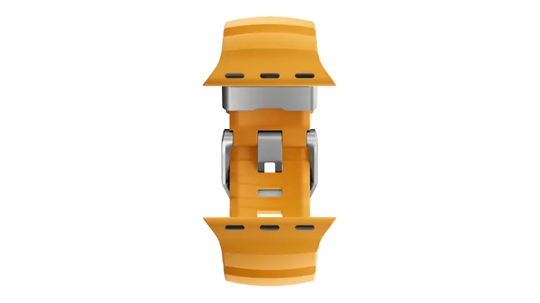 Close-up view of a rubber watch strap with titanium buckle hardware and watch attachment lugs on top and bottom Close-up view of a rubber watch strap with titanium buckle hardware and watch attachment lugs on top and bottom