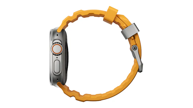 Side profile of titanium Apple Watch Ultra displaying side buttons, action button, and black ribbed flexible watch band Side profile of titanium Apple Watch Ultra displaying side buttons, action button, and black ribbed flexible watch band