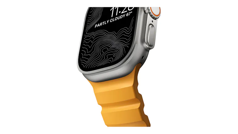 Close-up angle of Apple Watch Ultra titanium case lug attached to a ribbed rubber strap with topographic display Close-up angle of Apple Watch Ultra titanium case lug attached to a ribbed rubber strap with topographic display