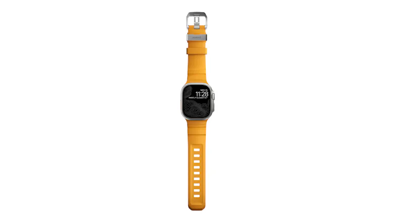 A front view of Apple Watch Ultra flat with black strap, topographic map face, top buckle, and adjustment holes A front view of Apple Watch Ultra flat with black strap, topographic map face, top buckle, and adjustment holes