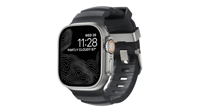 An Apple Watch Ultra with storm-coloured ribbed strap, topographic map screen display, orange accents, and metal hardware An Apple Watch Ultra with storm-coloured ribbed strap, topographic map screen display, orange accents, and metal hardware
