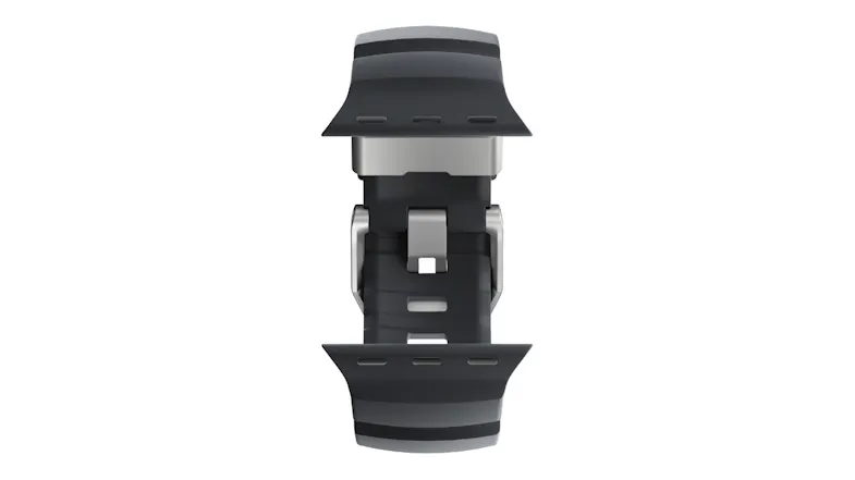 Close-up view of a rubber watch strap with titanium buckle hardware and watch attachment lugs on top and bottom Close-up view of a rubber watch strap with titanium buckle hardware and watch attachment lugs on top and bottom