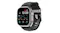 An Apple smartwatch with black sports strap displaying digital clock 10:09 with health metrics and tide widget An Apple smartwatch with black sports strap displaying digital clock 10:09 with health metrics and tide widget