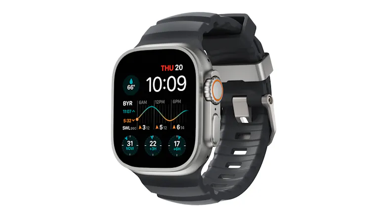 An Apple smartwatch with black sports strap displaying digital clock 10:09 with health metrics and tide widget An Apple smartwatch with black sports strap displaying digital clock 10:09 with health metrics and tide widget
