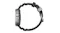 Side profile of titanium Apple Watch Ultra displaying side buttons, action button, and black ribbed flexible watch band Side profile of titanium Apple Watch Ultra displaying side buttons, action button, and black ribbed flexible watch band