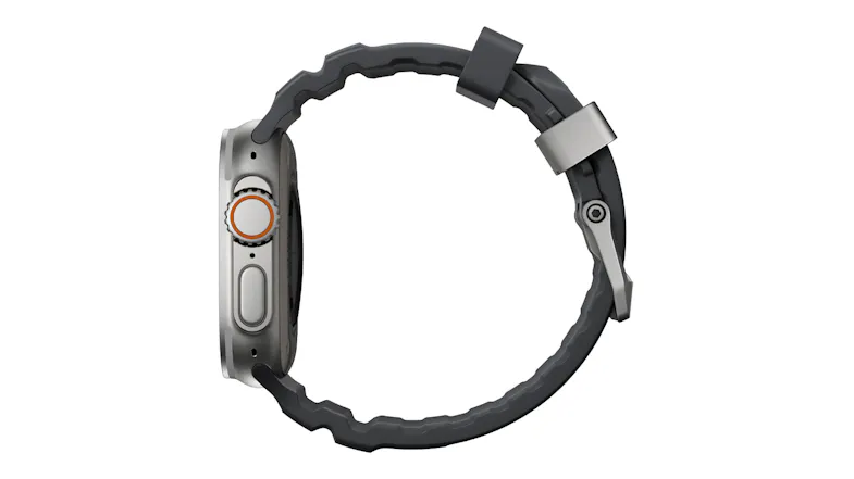 Side profile of titanium Apple Watch Ultra displaying side buttons, action button, and black ribbed flexible watch band Side profile of titanium Apple Watch Ultra displaying side buttons, action button, and black ribbed flexible watch band