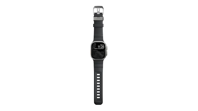 A front view of Apple Watch Ultra flat with black strap, topographic map face, top buckle, and adjustment holes A front view of Apple Watch Ultra flat with black strap, topographic map face, top buckle, and adjustment holes